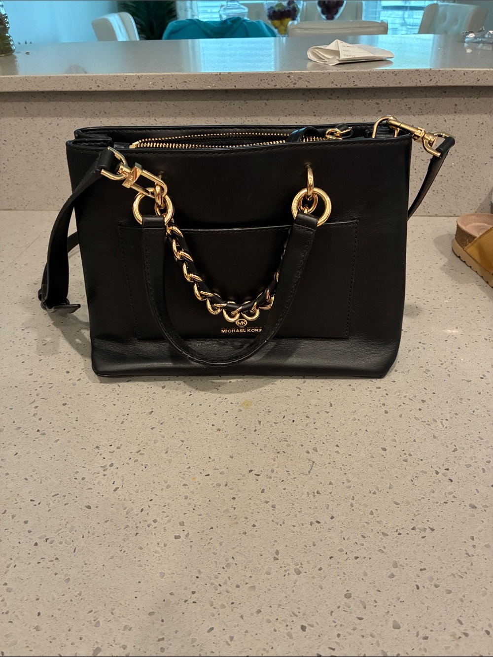 Michael Kors Black Leather Shoulder Bag with Gold Chain Accents